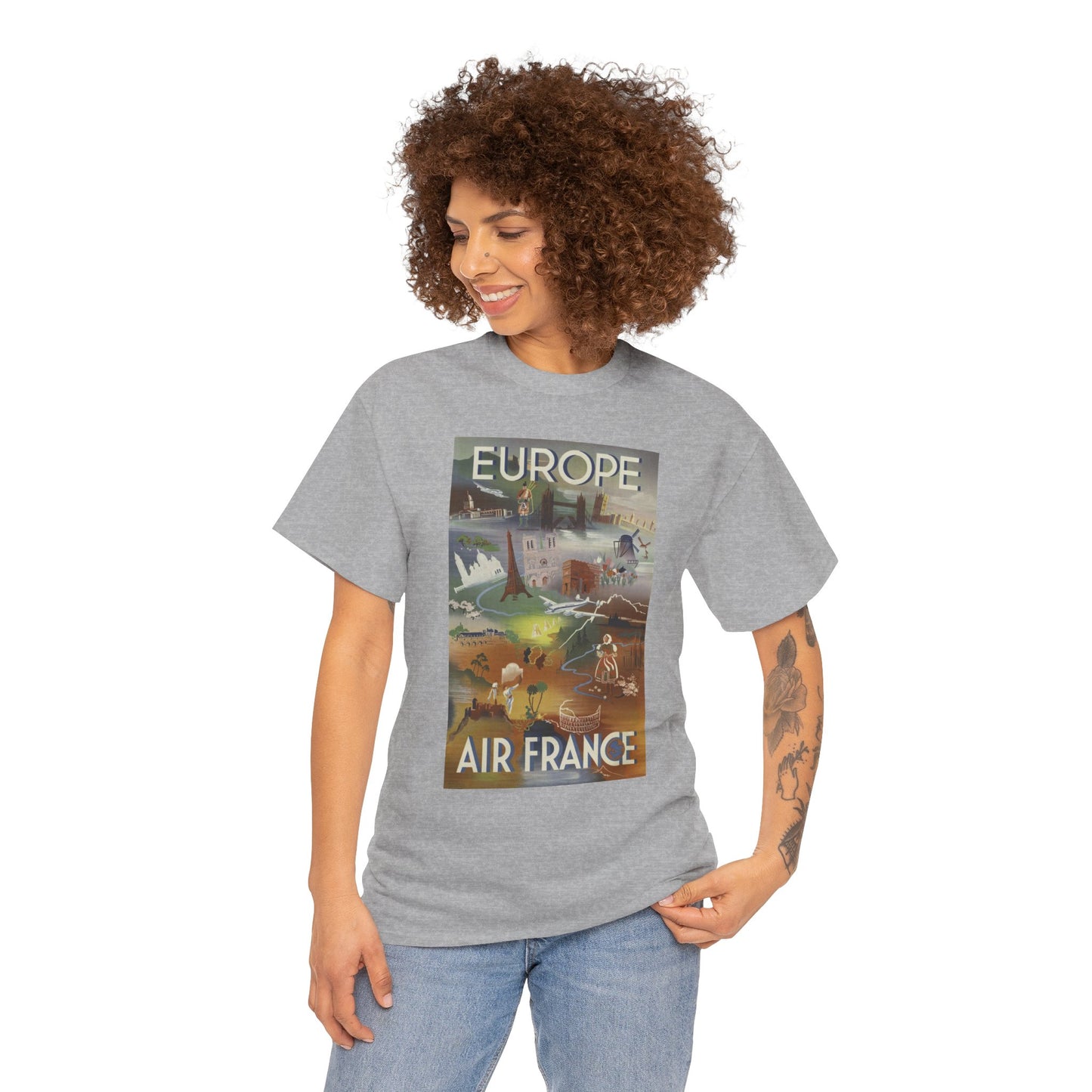 Vintage Air France 1948: Retro Travel Poster Celebrating Europe’s Beauty, Adventure, and Timeless Wanderlust - Unisex Heavy Cotton Tee