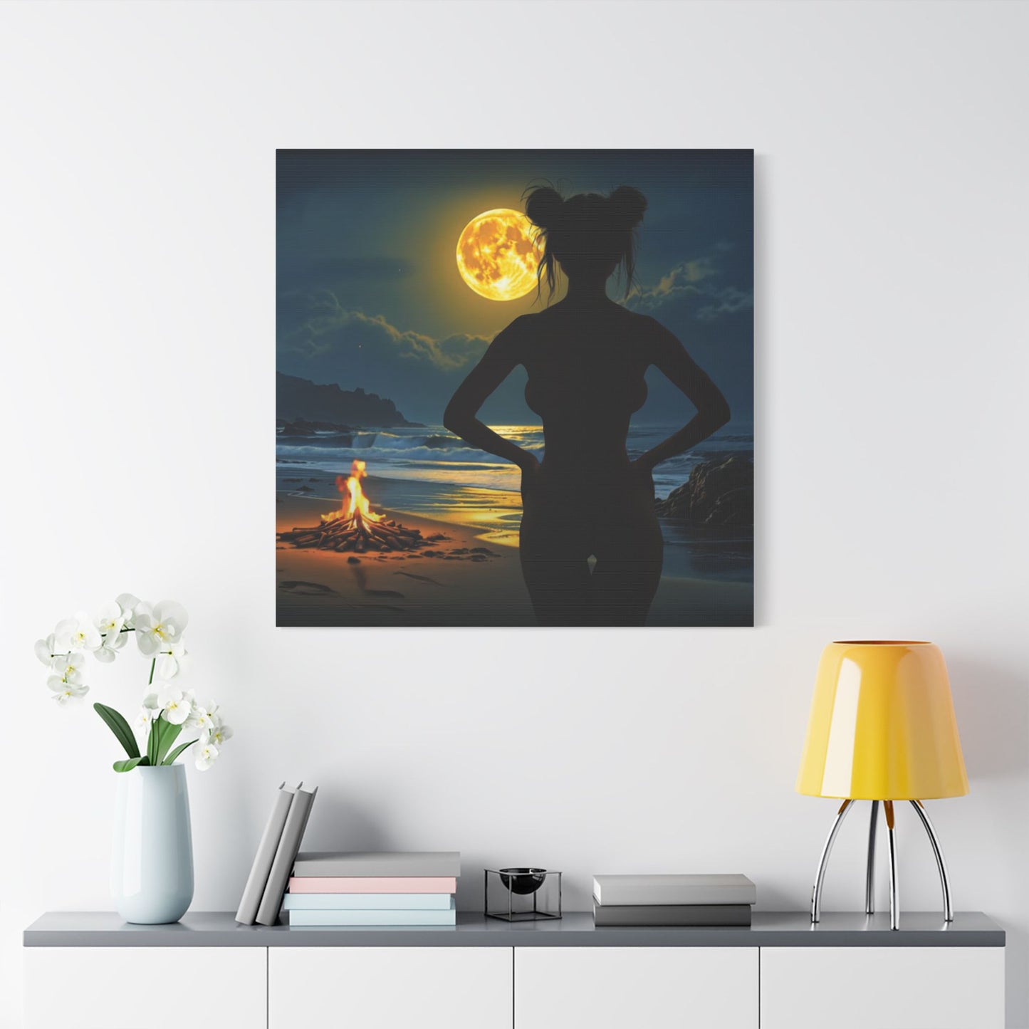 Roxie’s Midnight Swim – Moonlit Beach - Satin Canvas Print, Wall Art for Home Decor, Nighttime Serenity, Coastal Vibes, Gift for Nature Lovers, Personalized Artwork