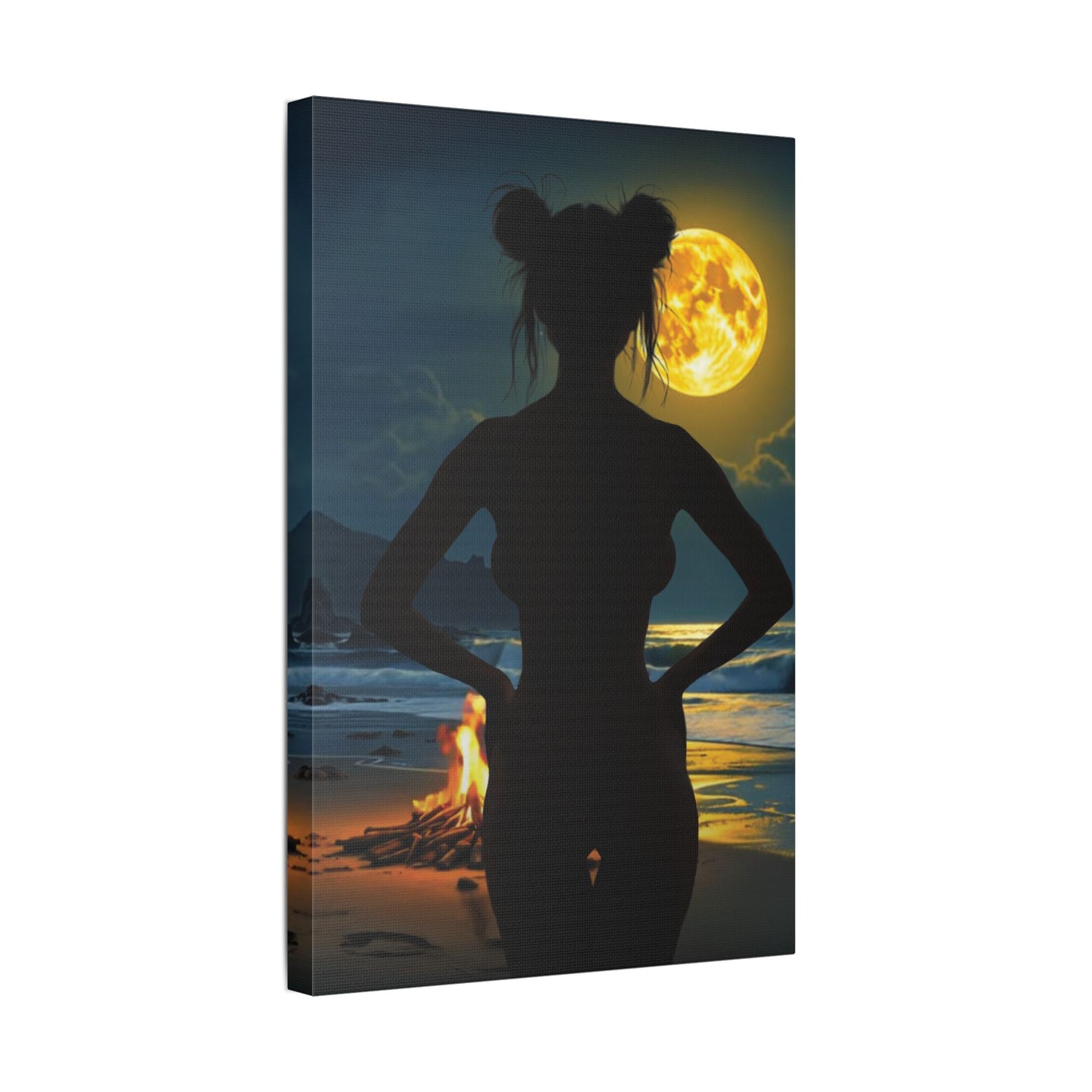 Roxie’s Midnight Swim – Moonlit Beach - Satin Canvas Print, Wall Art for Home Decor, Nighttime Serenity, Coastal Vibes, Gift for Nature Lovers, Personalized Artwork