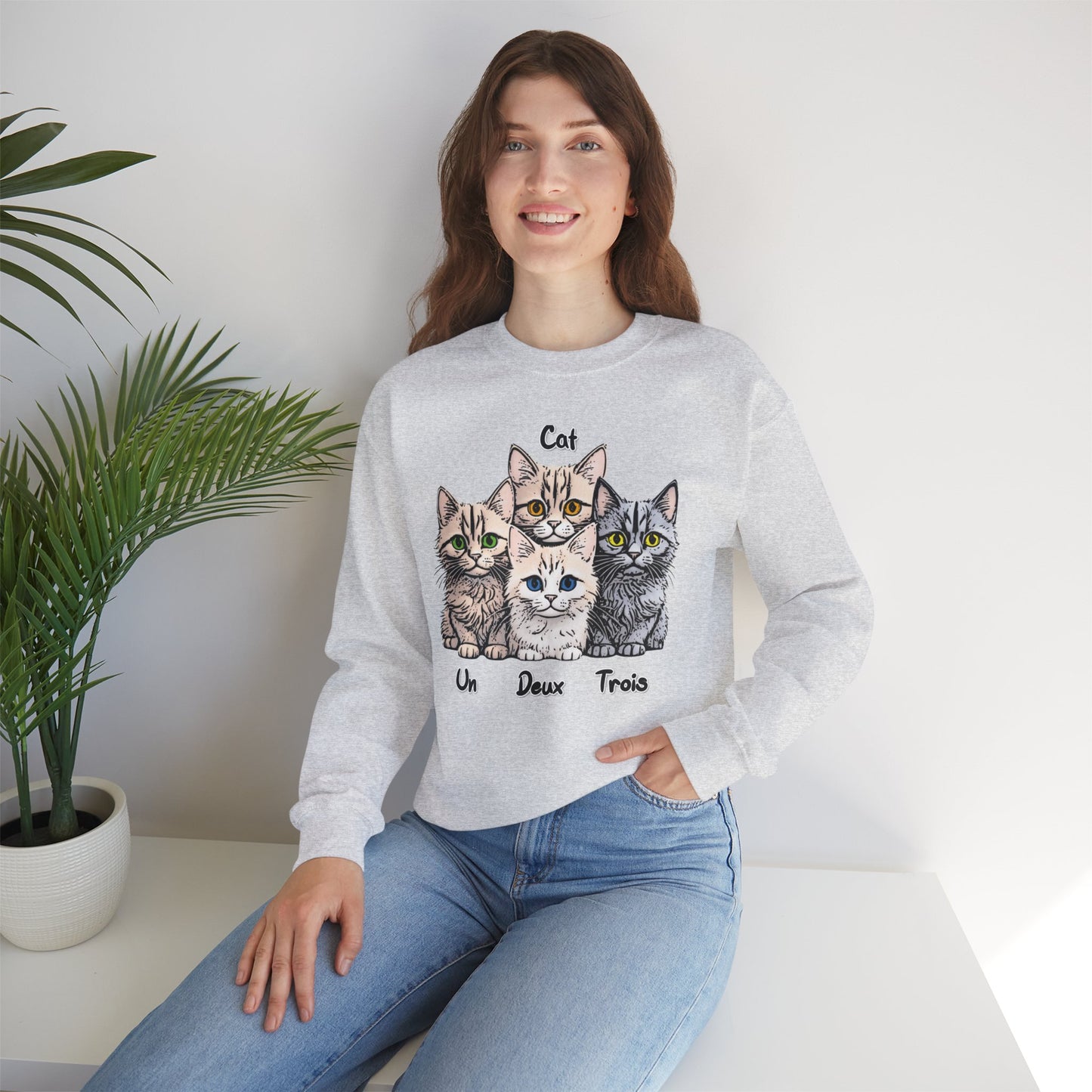 Un, Deux, Trois, Cat: Purrfect Counting Cuteness - Cat Lover Crewneck Sweatshirt, Cozy Pet Sweatshirt, Gift for Cat Owners, Cute Animal Apparel, Cat-Themed Fashion