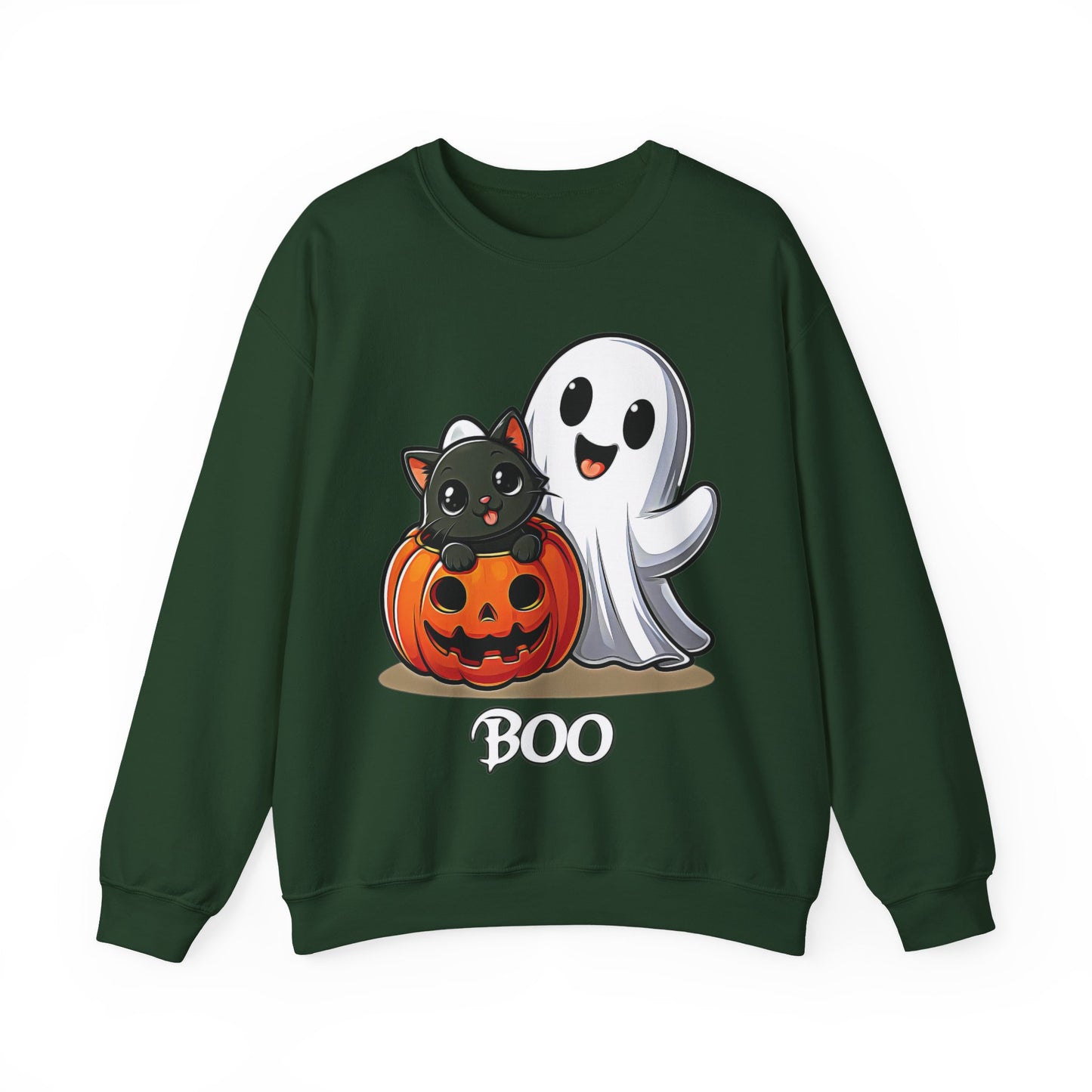 Spooky Smiles & Cozy Vibes – Halloween Boo Pumpkin Ghost Cat Edition - Cute Halloween Crewneck Sweatshirt with Ghost and Cat Design, Cozy Fall Apparel, Perfect for Spooky Season, Unisex Halloween Sweater, [...]