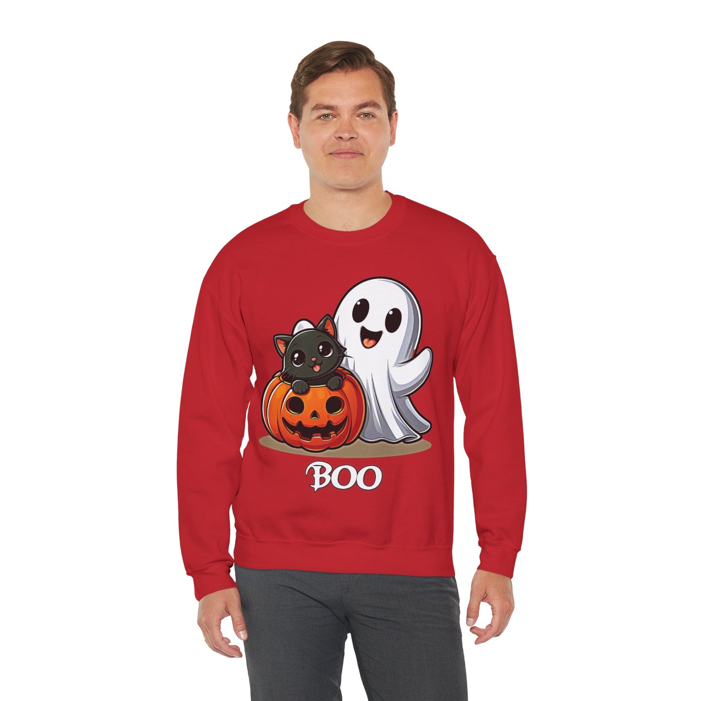 Spooky Smiles & Cozy Vibes – Halloween Boo Pumpkin Ghost Cat Edition - Cute Halloween Crewneck Sweatshirt with Ghost and Cat Design, Cozy Fall Apparel, Perfect for Spooky Season, Unisex Halloween Sweater, [...]