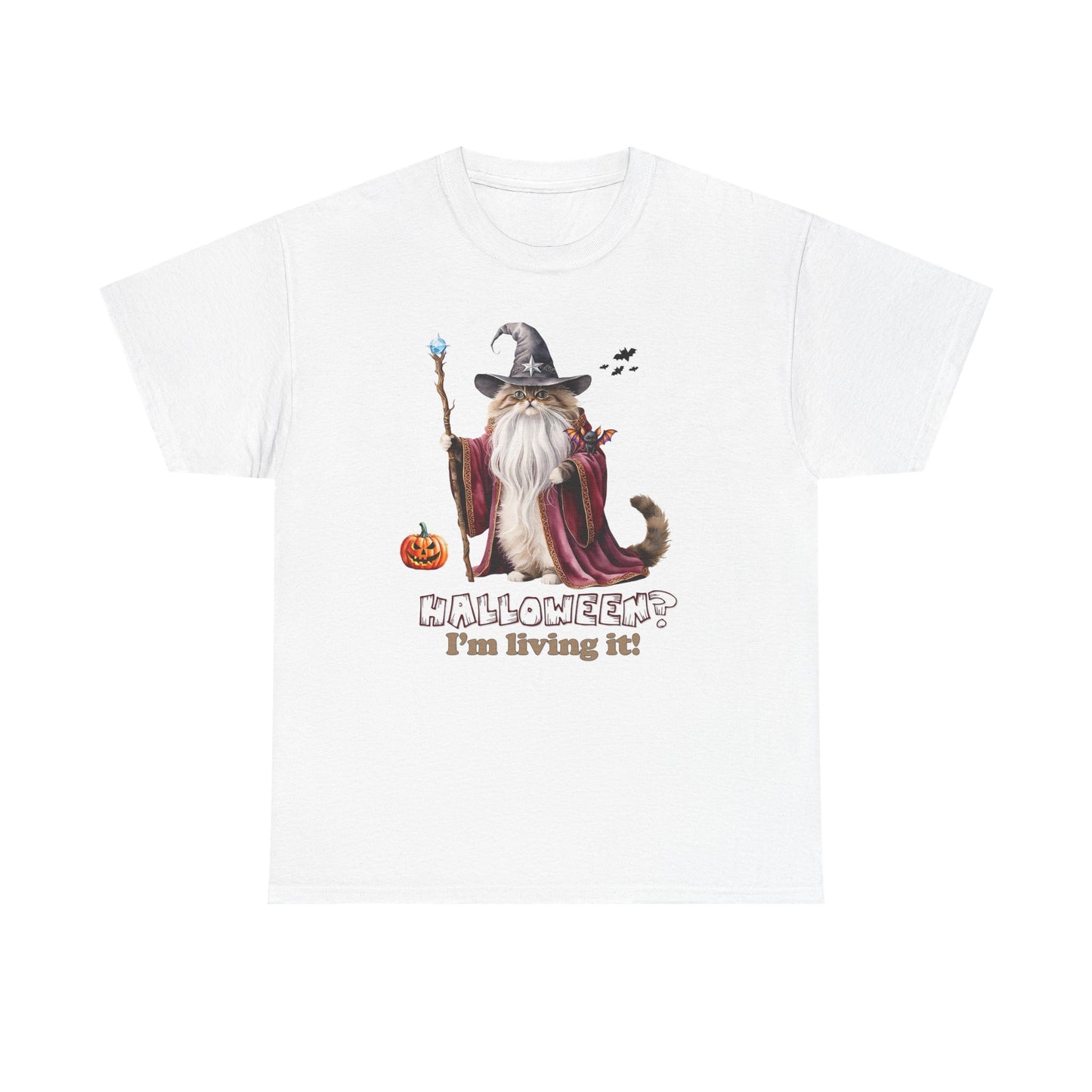 🧙 Living the Spell: Wizardry, Whimsy & Halloween CheerHalloween Wizard Cat Tee - 🎃 Spooky Unisex Cotton Shirt, Witchy T-Shirt, Fall Fashion, Gift for Cat Lovers, Halloween Costume, Relaxed Fit