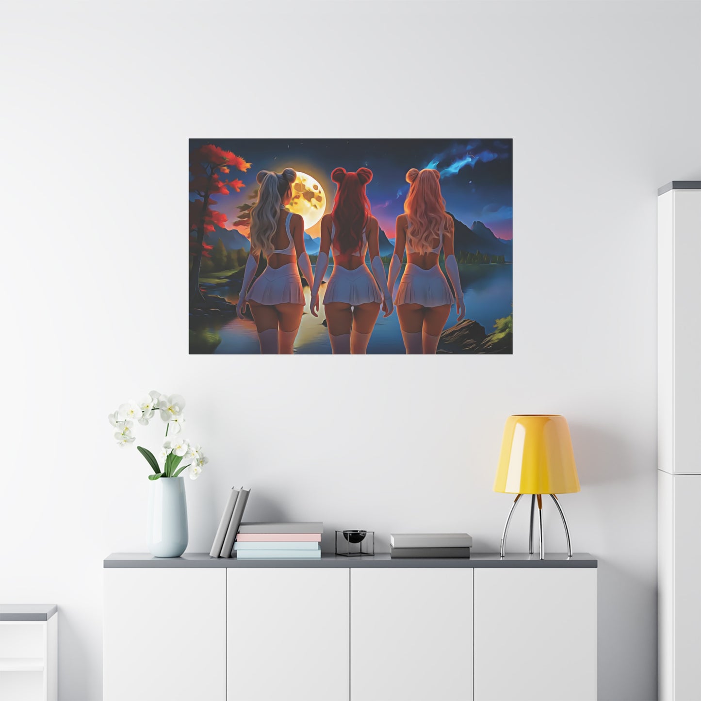 🌌 Moon Sisters: Unity in Light, Magic in MotionCanvas Wall Art - Enchanting Moonlit Retreat, Bohemian Decor, Gift for Friends, Home Decor, Unique Wall Art, Girls Night In