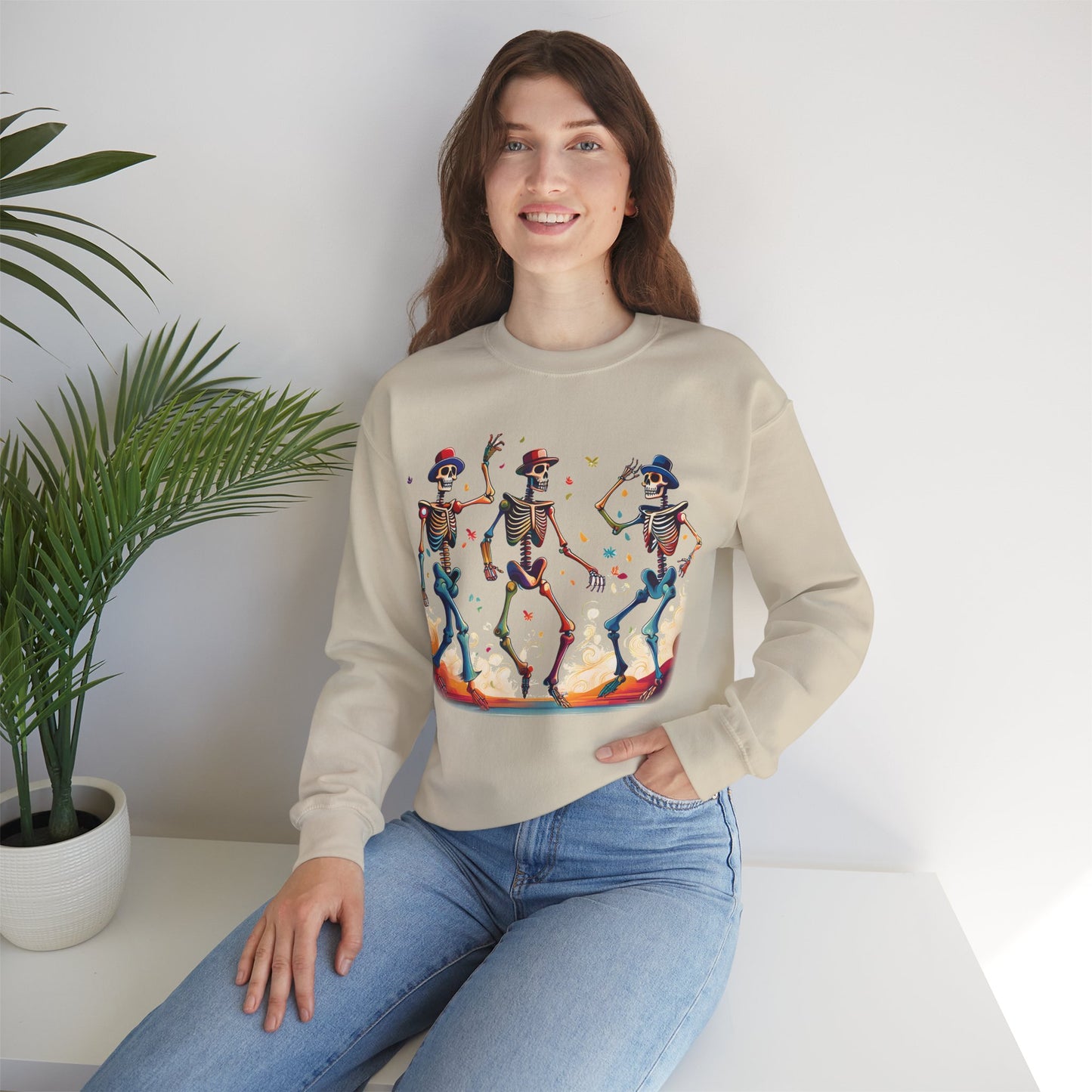 Dancing Skeletons Halloween Party - Spooky Fun Celebration Art - Festive Autumn Spirit Collection - Spooky Skeleton Dance Crewneck Sweatshirt, Halloween Sweatshirt, Unisex Fall Apparel, Casual Skeleton Top, Fun Halloween Gift