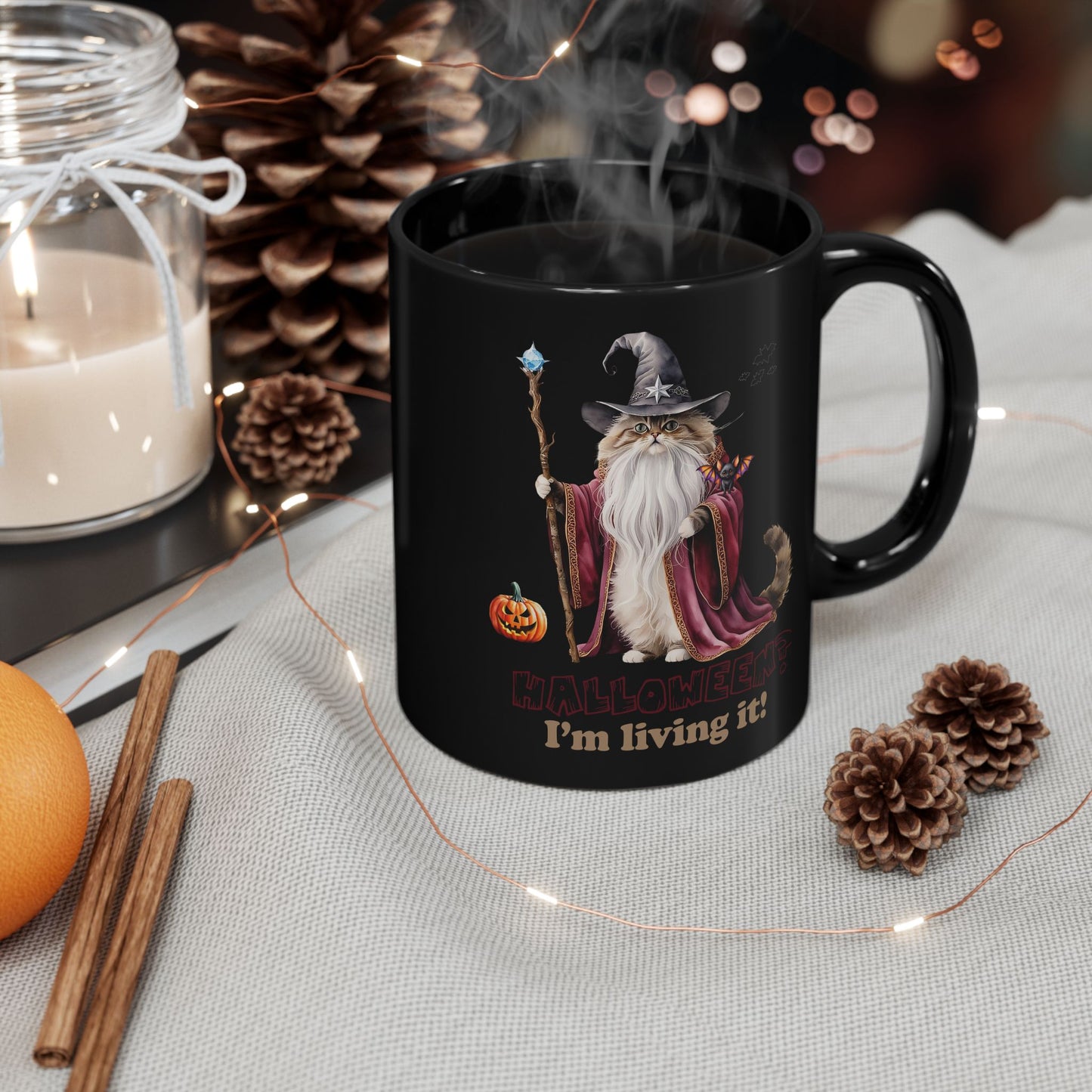 🧙 Title: Living the Spell: Wizardry, Whimsy & Halloween Cheer 🎃 - Halloween Cat Mug - I'm Living It, Witch Mug, Black Coffee Cup, Gift for Cat Lovers, Halloween Decor, Spooky Kitchenware