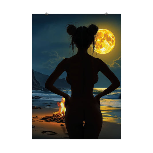 Roxie’s Midnight Swim – Moonlit Beach Art Prints, Bohemian Wall Decor, Beach House Artwork, Aesthetic Poster, Nighttime Vibes Home Decoration