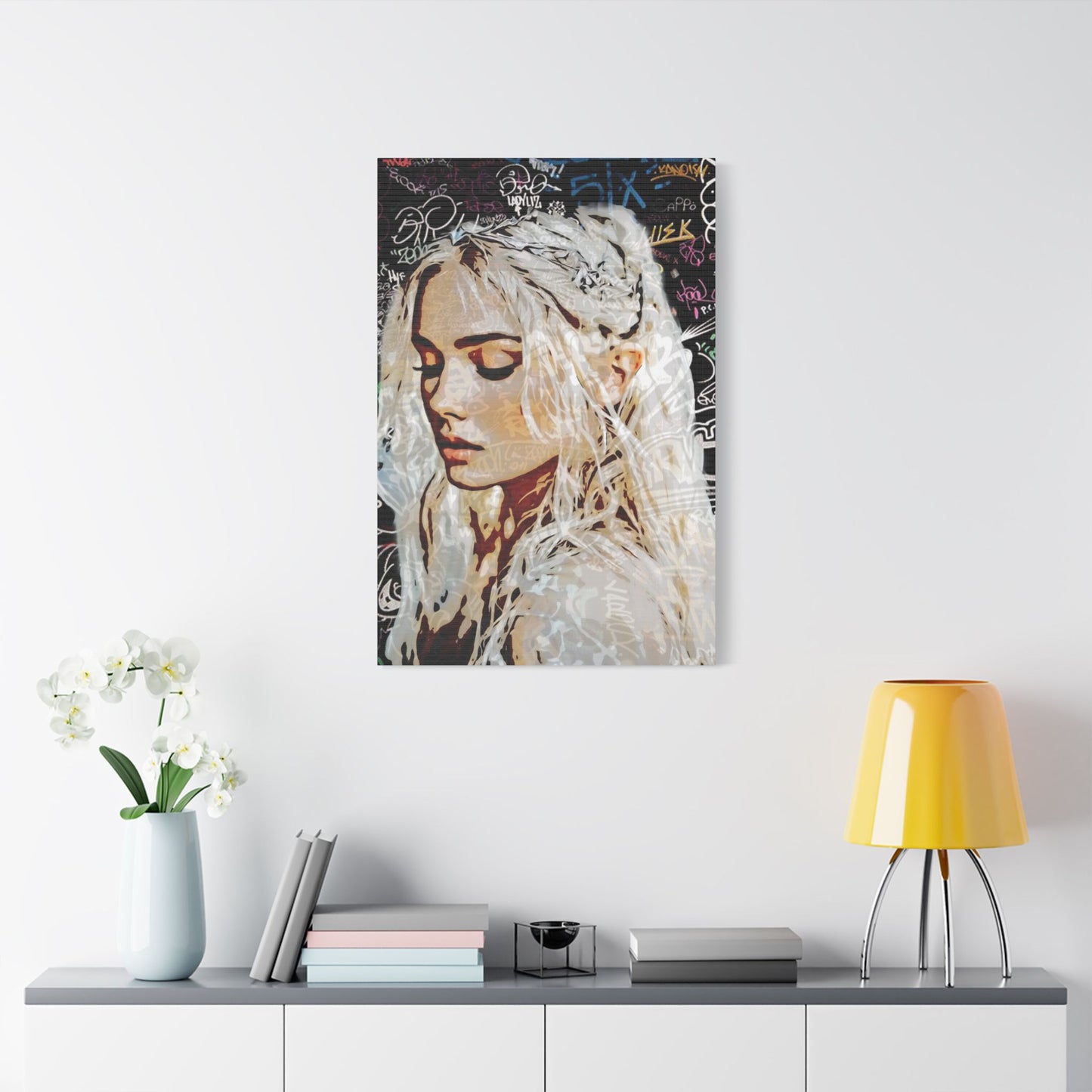 "Urban Dreams: Street Art Portrait of Hope and Beauty Emerging from City's Creative Soul" - Satin Canvas Art Print, Stretched Wall Decor, Girl Portrait, Abstract Graffiti Design, Unique Home Decor, Gift for Art Lovers