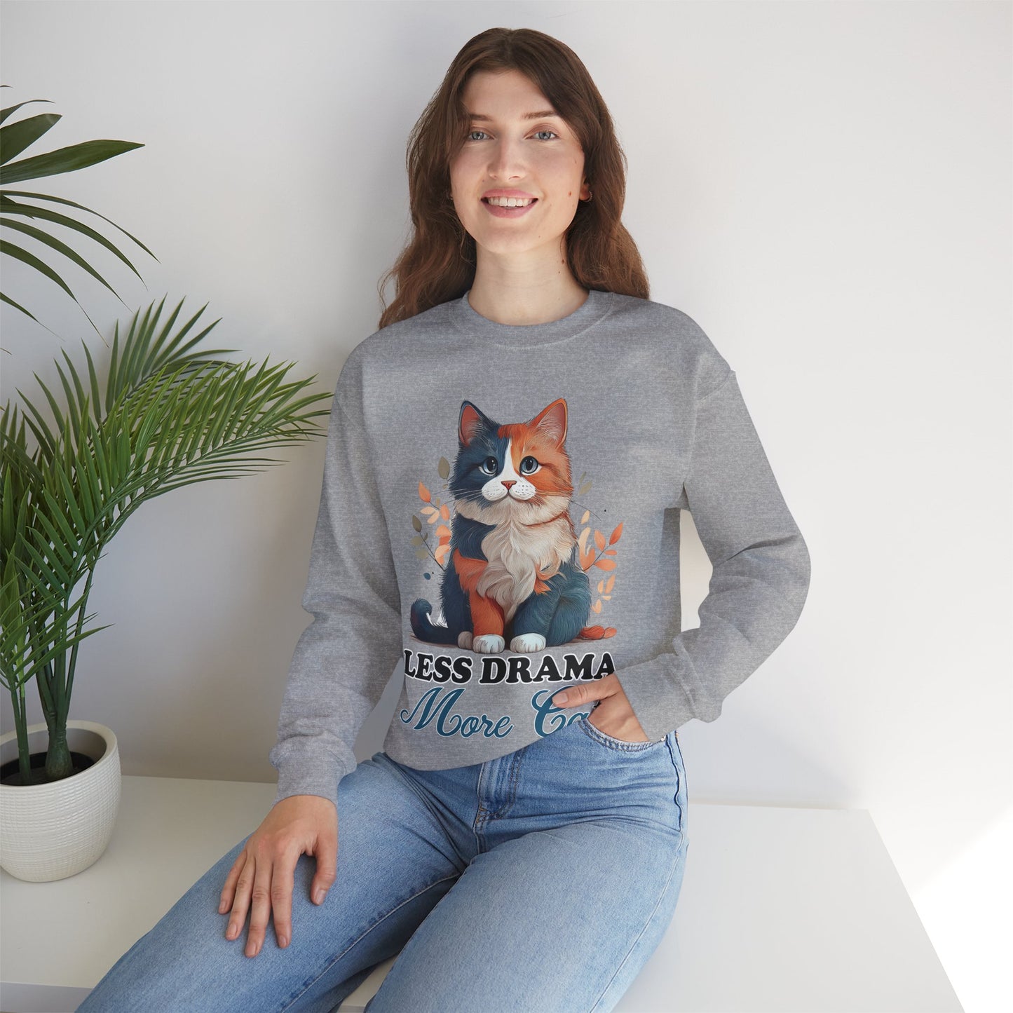Less Drama, More Cats – Purrfect Peace in Style 🐾✨ - Cat Lover Crewneck Sweatshirt | Less Drama More Cats | Cozy Gift for Cat Owners, Animal Lovers, Cute Cat Sweatshirt