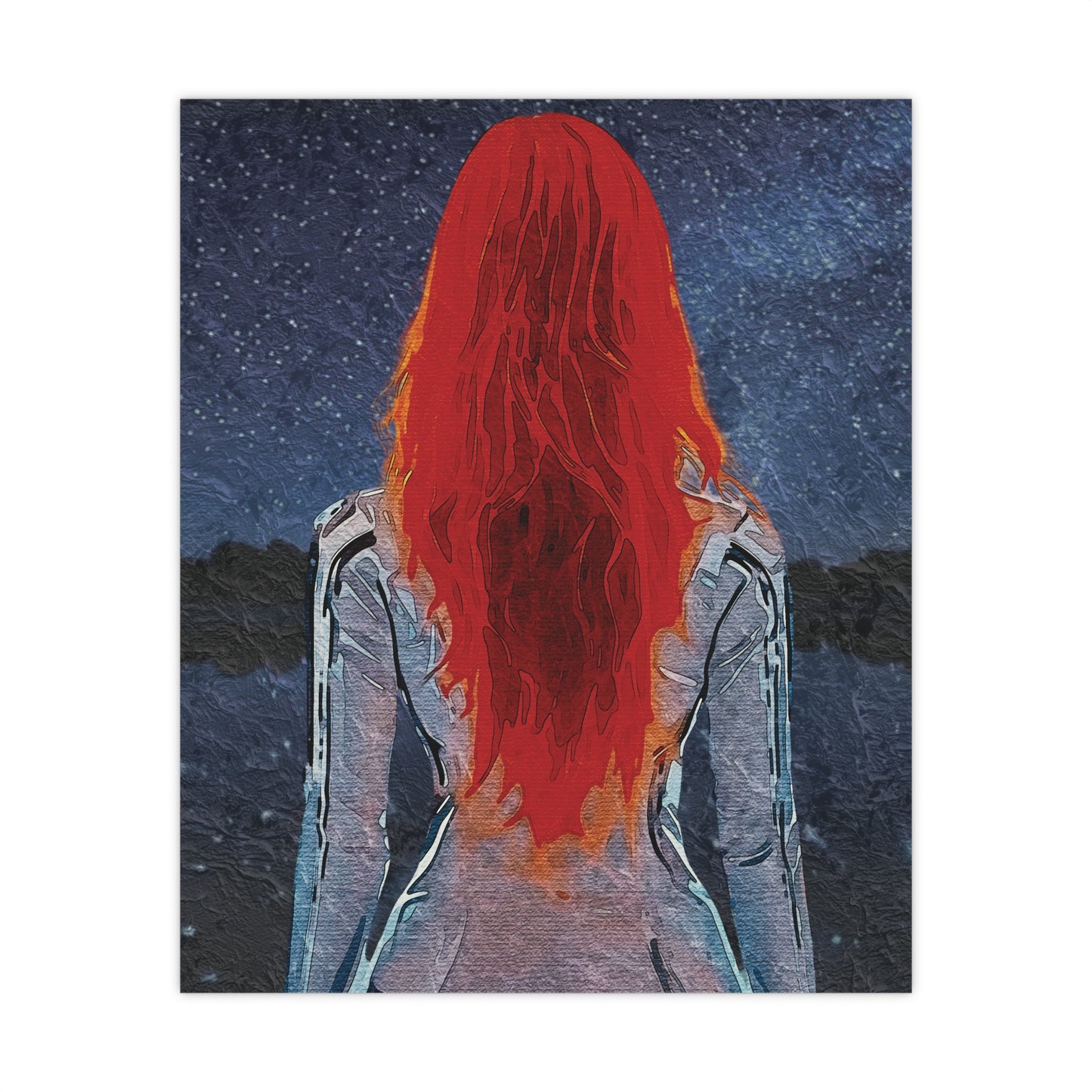 'Red' Scarlet Veil Over Starry Depths: Embrace the Cosmic Red Journey Within - Vibrant Matte Poster of a Red-Haired Figure, Wall Art, Home Decor, Aesthetic Print, Gift for Art Lovers, Inspirational Decor