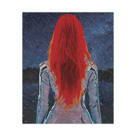'Red' Scarlet Veil Over Starry Depths: Embrace the Cosmic Red Journey Within - Vibrant Matte Poster of a Red-Haired Figure, Wall Art, Home Decor, Aesthetic Print, Gift for Art Lovers, Inspirational Decor