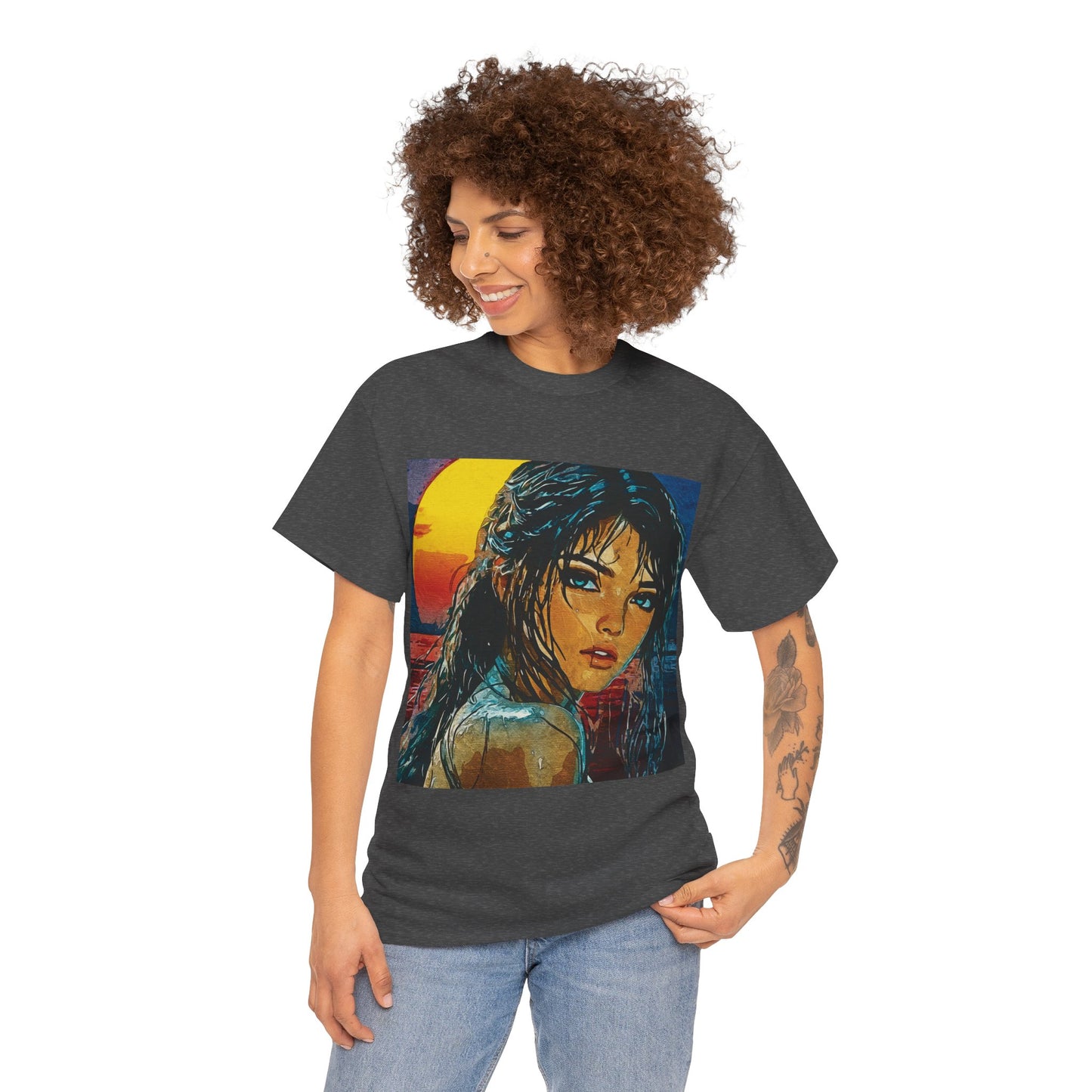 "Golden Hour Goddess: Vibrant Pop Art Vision" - Sunset Dreamer Unisex Heavy Cotton Tee - Vintage Art T-Shirt, Graphic Tee, Casual Wear, Unique Gift Idea, Summer Fashion