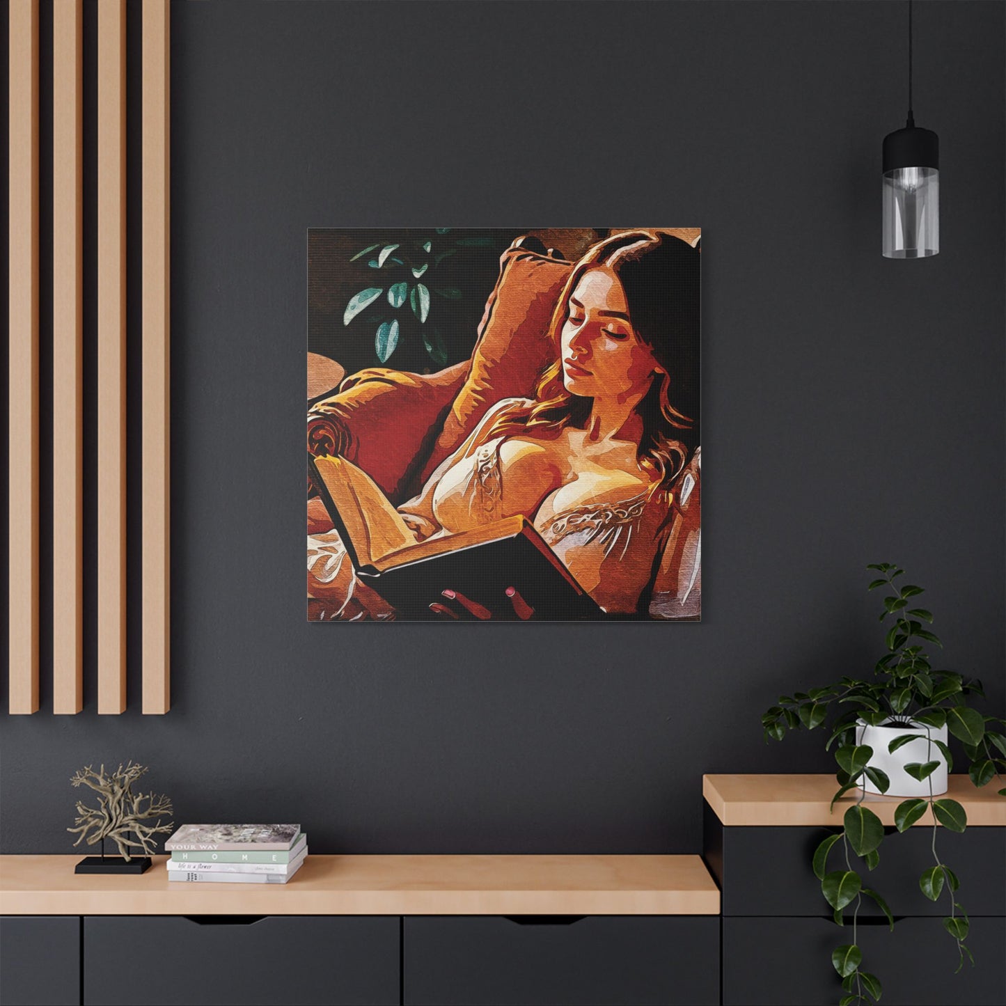 "Golden Hour Reading: Cozy Literary Escape Where Stories Come Alive in Warm Autumn Light" - Elegant Satin Canvas Artwork, Home Decor, Wall Art, Gallery Ready, Gift for Art Lovers, Cozy Vibes, Living Room Decoration