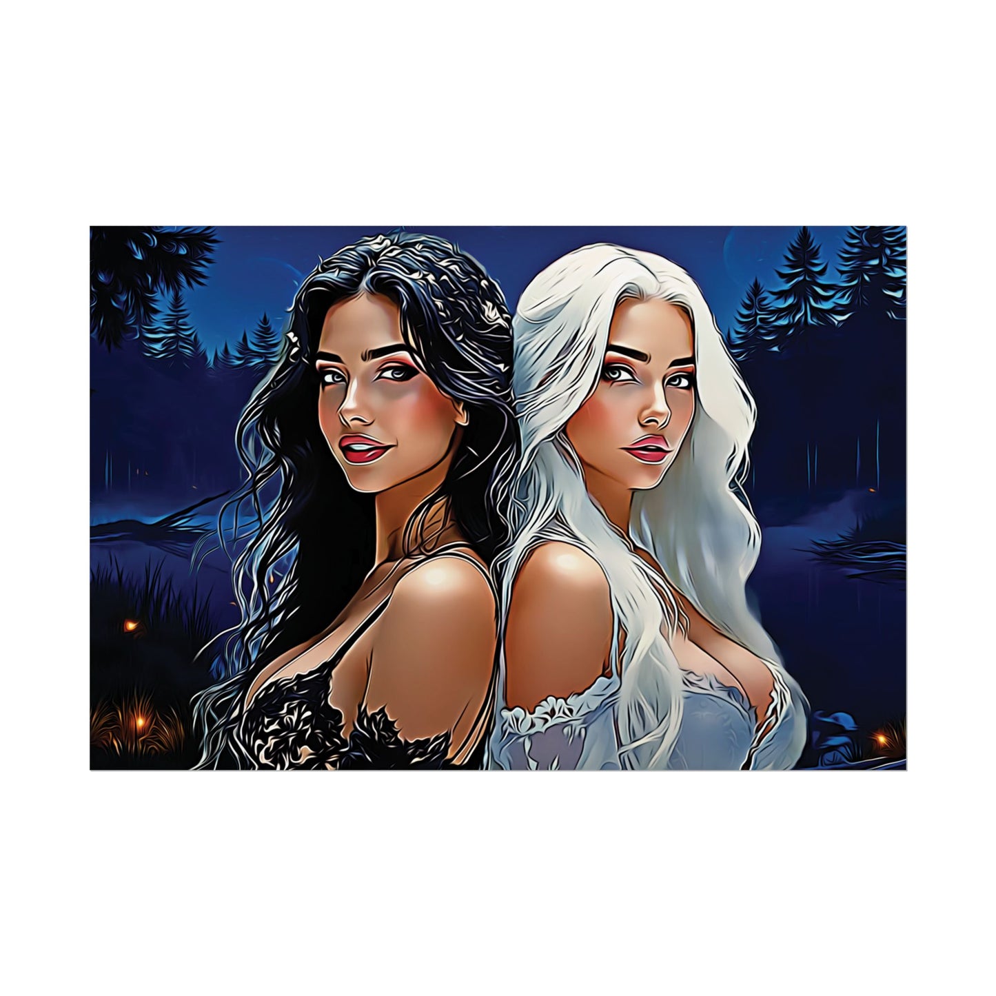 Moonlit Sisters of Opposites – Enchanted Night Art of Balance, Beauty, and Timeless Harmony - Mystical Duo Rolled Posters | Ethereal Art for Witchy Decor, Fantasy Wall Art, Gift for Her, Boho Home, Unique Prints