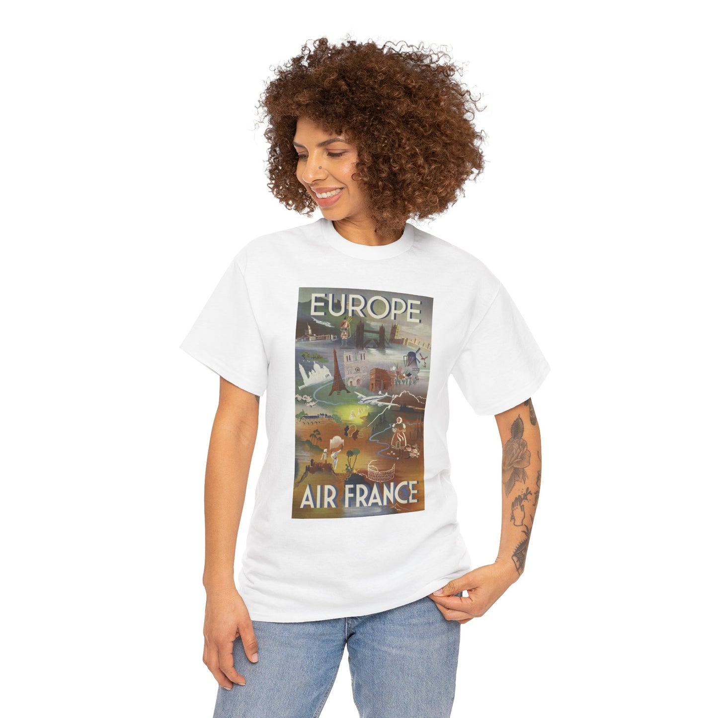Vintage Air France 1948: Retro Travel Poster Celebrating Europe’s Beauty, Adventure, and Timeless Wanderlust - Unisex Heavy Cotton Tee