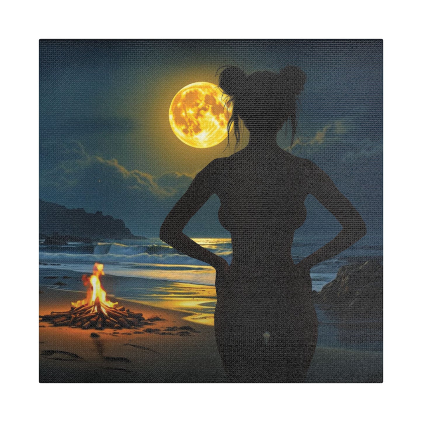 Roxie’s Midnight Swim – Moonlit Beach - Satin Canvas Print, Wall Art for Home Decor, Nighttime Serenity, Coastal Vibes, Gift for Nature Lovers, Personalized Artwork