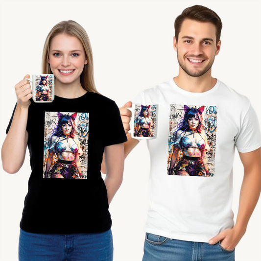 Graphic Tee - Prismatic Feline Enchantress Anime-Inspired Art Shirt