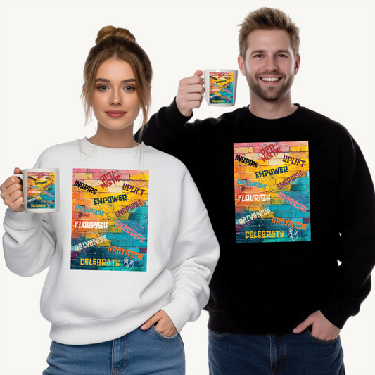 Fuel your fire—Inspire. Empower. Celebrate. 🎨💪 #MotivationalArt #InspireDaily #Empowerment #PositiveVibes #GoalGetter #WallOfWords Unisex Crewneck Sweatshirt - Empower, Flourish, Celebrate, Gratitude, Uplift, Energetic Cozy Apparel