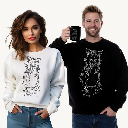 Anime, Catgirl, Punk, Mangs - Stylish Graphic Crewneck Sweatshirt with Cat Design, Cozy Unisex Sweatshirt, Casual Wear, Gift for Cat Lovers, Fall Fashion