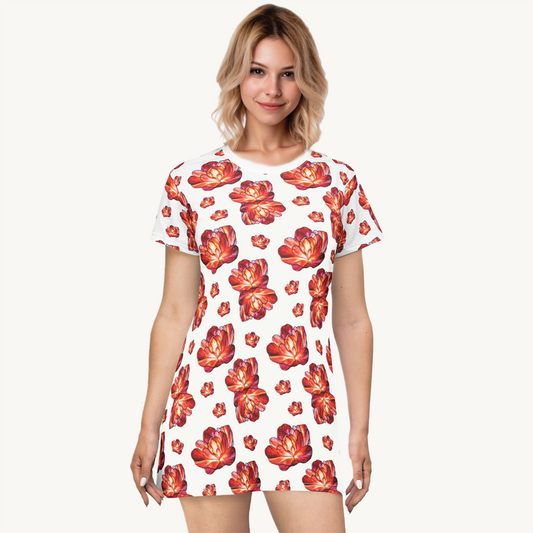 Modern Peone limited eddition design - Floral Print T-Shirt Dress, Casual Summer Dress, Boho Chic Dress, Beachwear, Garden Party Outfit, Gift for Her
