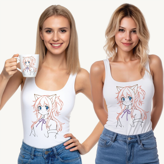 Anime Catgirl Tank Top | Cute Summer Tee, Gifts for Her, Casual Fashion, Festival Outfit, Streetwear - Kawaii, Manga