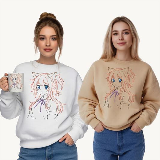 Cute Anime Cat Ears Sweatshirt, Cozy Crewneck for Anime Lovers, Perfect Gift for Birthdays, Casual Outfits, Winter Fashion, Everyday Wear