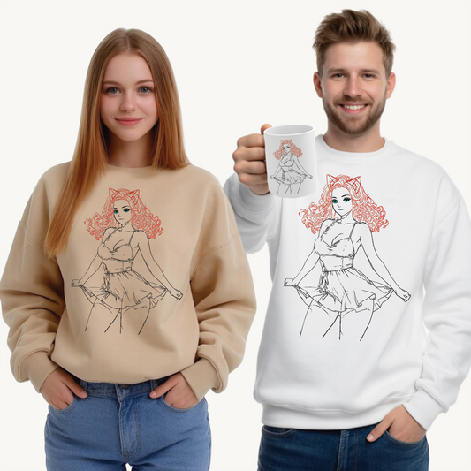 Chic Catgirl Crewneck Sweatshirt for Cozy Style, Women’s Fashion, Casual Wear, Gift for Cat Lovers, Cute Cartoon Apparel