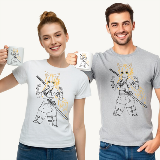 Cat-Eared Blade – Anime Warrior Power on Tees - Anime Samurai Unisex Heavy Cotton Tee, Cute Graphic T-Shirt, Comfortable Casual Wear, Gifts for Anime Lovers, Birthday Surprise