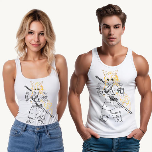 Catgirl Warrior – Empowerment in Every Stitch  - Anime-Inspired Unisex Tank Top with Samurai Design, Casual Wear, Summer Apparel, Manga Lover Gift, Cosplay Top