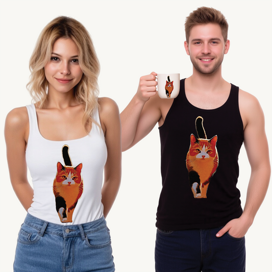 “Confident Stride: The Tri-Color Cat That Walks Like It Owns the World” - Cat Lover Unisex Tank Top, Softstyle Tee for Pet Lovers, Casual Wear, Gifts for Cat Owners, Summer Fashion