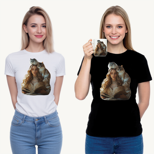 “Chapters & Companions: Peaceful Moments with Books, Cats, and Cozy Souls”  Description: - Book Lover Cat Tee, Unisex Heavy Cotton Tee for Cat Lovers, Cozy Graphic Shirt, Reading Gift, Cat Mom Gift, Pet Lover Apparel