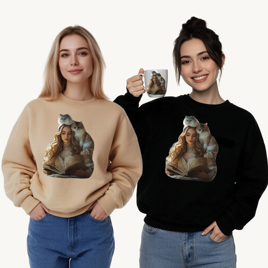 “Chapters & Companions: Peaceful Moments with Books, Cats, and Cozy Souls” - Cozy Cat Lover Sweatshirt, Cat Sweatshirt, Unisex Sweatshirt, Gift for Cat Lovers, Cute Crewneck, Animal Lover Apparel