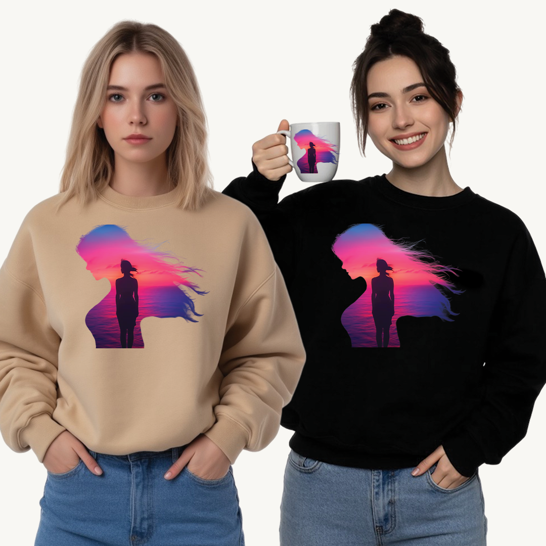 Radiate Boldly – Sunset Spirit in Every Sip and Step 🌅💫 - Silhouette Sunset Crewneck Sweatshirt | Cozy Unisex Top for Relaxing Days, Gifts for Her, Autumn Fashion