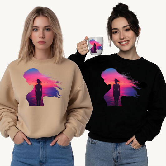 Radiate Boldly – Sunset Spirit in Every Sip and Step 🌅💫 - Silhouette Sunset Crewneck Sweatshirt | Cozy Unisex Top for Relaxing Days, Gifts for Her, Autumn Fashion