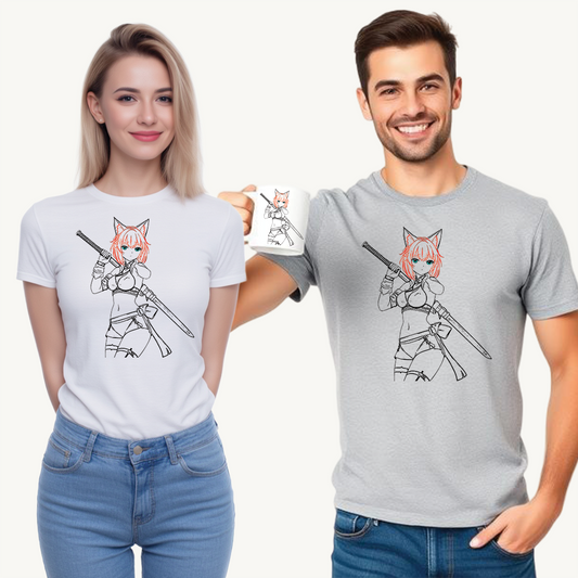 Blade & Whiskers: Unleash Courage and Cuteness with the Fierce Spirit of the Catgirl Warrior - Anime-Inspired Unisex Heavy Cotton Tee, Casual Wear, Gift for Gamers, Anime Lovers, Graphic Tee, Soft Cotton T-Shirt