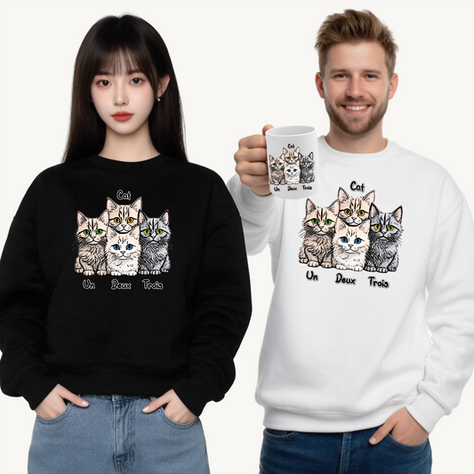 Un, Deux, Trois, Cat: Purrfect Counting Cuteness - Cat Lover Crewneck Sweatshirt, Cozy Pet Sweatshirt, Gift for Cat Owners, Cute Animal Apparel, Cat-Themed Fashion