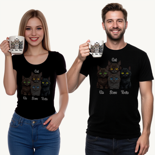 Un, Deux, Trois, Cat (Black Edition): Purrfect Counting Cuteness - Black Cat Lover Tee, Cute Cat Shirt, Unisex Cotton Top for Pet Lovers, Gift for Cat Birthday, Feline Fan Apparel, Animal Adoption T-Shirt