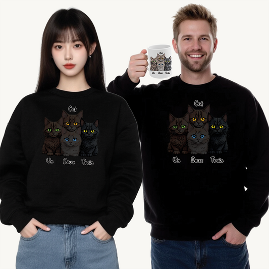 Un, Deux, Trois, Cat (Black Edition): Purrfect Counting Cuteness - Cozy Cat Lover Crewneck Sweatshirt, Casual Cat Sweatshirt, Gifts for Cat Lovers, Unique Cat Apparel, Cat Themed Clothing