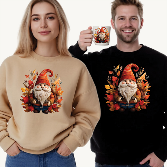 Gnome & Owl Autumn Harmony – Cozy Magic for the Season 🍂🧡 - Sweatshirt | Fall Sweater, Autumn Apparel, Unisex Crewneck, Perfect Gift, Holiday Wear, Seasonal Style, Comfortable Fashion