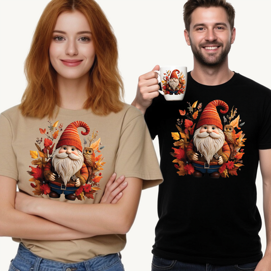 Gnome & Owl Autumn Harmony – Cozy Magic for the Season 🍂🧡 - Tee, Fall T-Shirt, Cozy Halloween Shirt, Pumpkin Spice Gift, Unisex Cotton Top