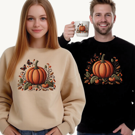 Pumpkin & Botanical Bliss – Autumn’s Cozy Charm 🎃🍂 - Autumn Pumpkin Sweatshirt - Cozy Fall Apparel, Unisex Crewneck, Thanksgiving Gift, Seasonal Fashion, Pumpkin Patch Style
