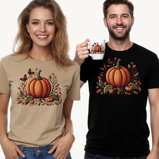 Pumpkin & Botanical Bliss – Autumn’s Cozy Charm 🎃🍂 - Autumn Pumpkin Tee, Fall T-Shirt, Halloween Shirt, Thanksgiving Gift, Unisex Heavy Cotton Tee