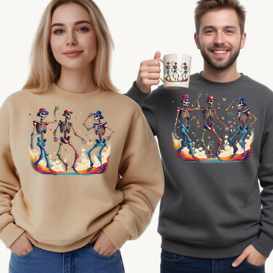 Dancing Skeletons Halloween Party - Spooky Fun Celebration Art - Festive Autumn Spirit Collection - Spooky Skeleton Dance Crewneck Sweatshirt, Halloween Sweatshirt, Unisex Fall Apparel, Casual Skeleton Top, Fun Halloween Gift