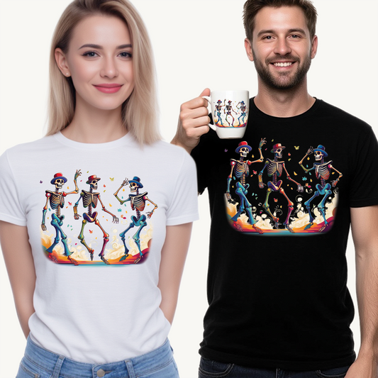 Dancing Skeletons Halloween Party - Spooky Fun Celebration Art - Festive Autumn Spirit Collection - Colorful Skeleton Dance Tee, Casual Halloween T-Shirt, Unique Gift for Parties, Unisex Graphic Shirt, Fun Everyday Wear