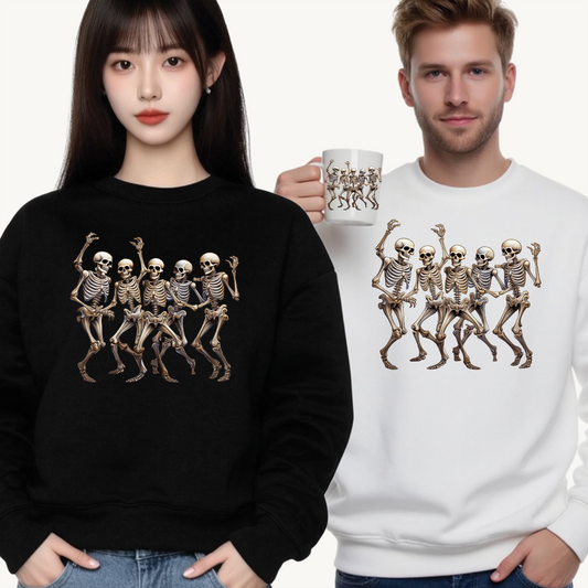 "Celebrate Life with Dancing Skeletons – Bold Apparel & Mugs that Spark Joy" - Halloween Skeleton Dance Crewneck Sweatshirt, Unisex Sweatshirt, Fall Fashion, Spooky Season Apparel, Gift for Halloween Lovers