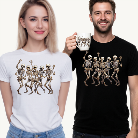 "Celebrate Life with Dancing Skeletons – Bold Apparel & Mugs that Spark Joy" - Unisex Heavy Cotton Tee with Dancing Skeletons, Halloween Shirt, Casual Tee, Party Apparel, Fun Graphic T-Shirt