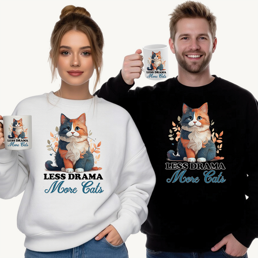 Less Drama, More Cats – Purrfect Peace in Style 🐾✨ - Cat Lover Crewneck Sweatshirt | Less Drama More Cats | Cozy Gift for Cat Owners, Animal Lovers, Cute Cat Sweatshirt