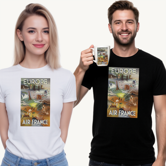 Vintage Air France 1948: Retro Travel Poster Celebrating Europe’s Beauty, Adventure, and Timeless Wanderlust - Unisex Heavy Cotton Tee