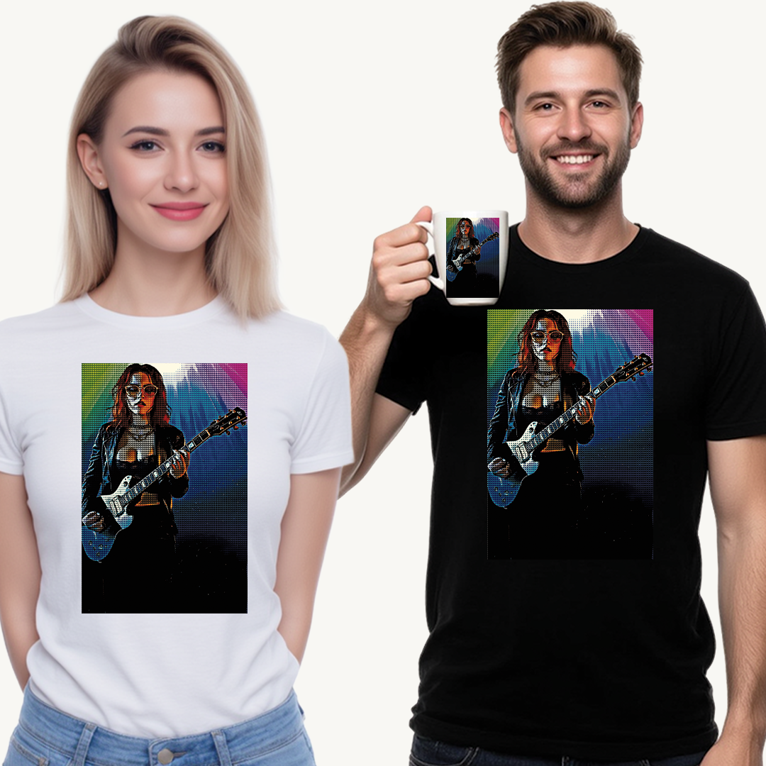 Electric Vibes: Retro Halftone Guitar Art Celebrating Music, Freedom, and Bold Self-Expression - Rock Star Unisex Heavy Cotton Tee, Music Lover Gift, Concert Apparel, Vintage Tee, Festival Wear