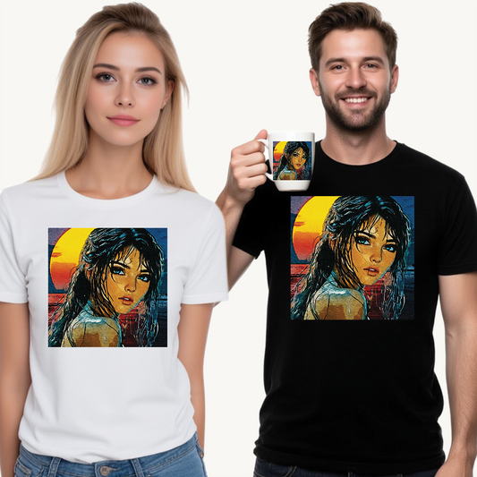"Golden Hour Goddess: Vibrant Pop Art Vision" - Sunset Dreamer Unisex Heavy Cotton Tee - Vintage Art T-Shirt, Graphic Tee, Casual Wear, Unique Gift Idea, Summer Fashion